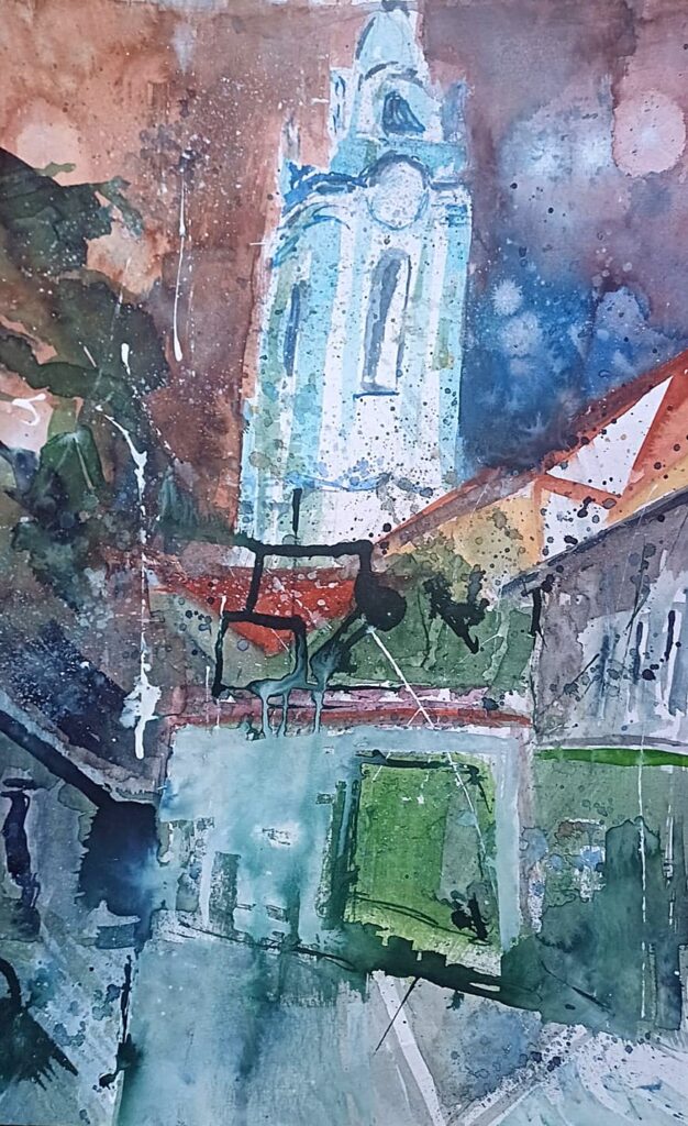 Blauer Kirchturm – Aquarell von Brigitte Tekautz