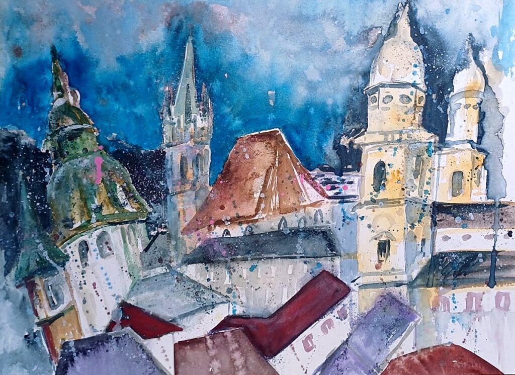 Drei Türme – Aquarell von Brigitte Tekautz