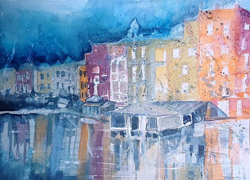 Häuser am Hafen – Aquarell von Brigitte Tekautz