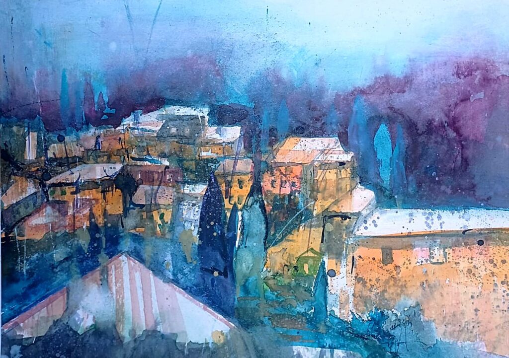 Häuser am Hang – Aquarell von Brigitte Tekautz