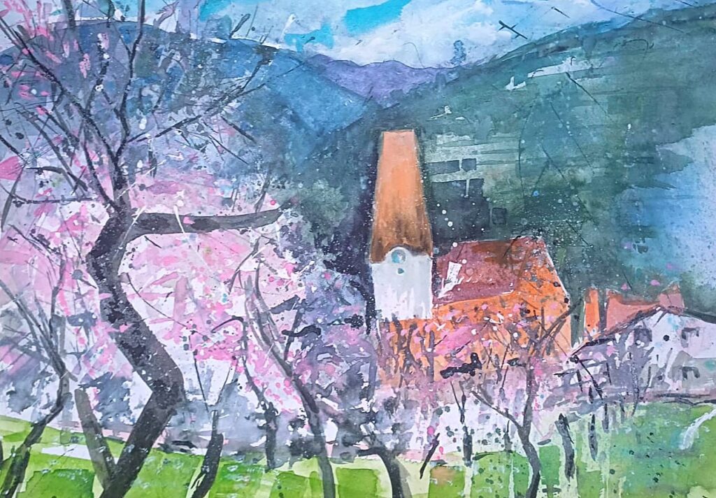 Kirche in der Baumblüte – Aquarell von Brigitte Tekautz