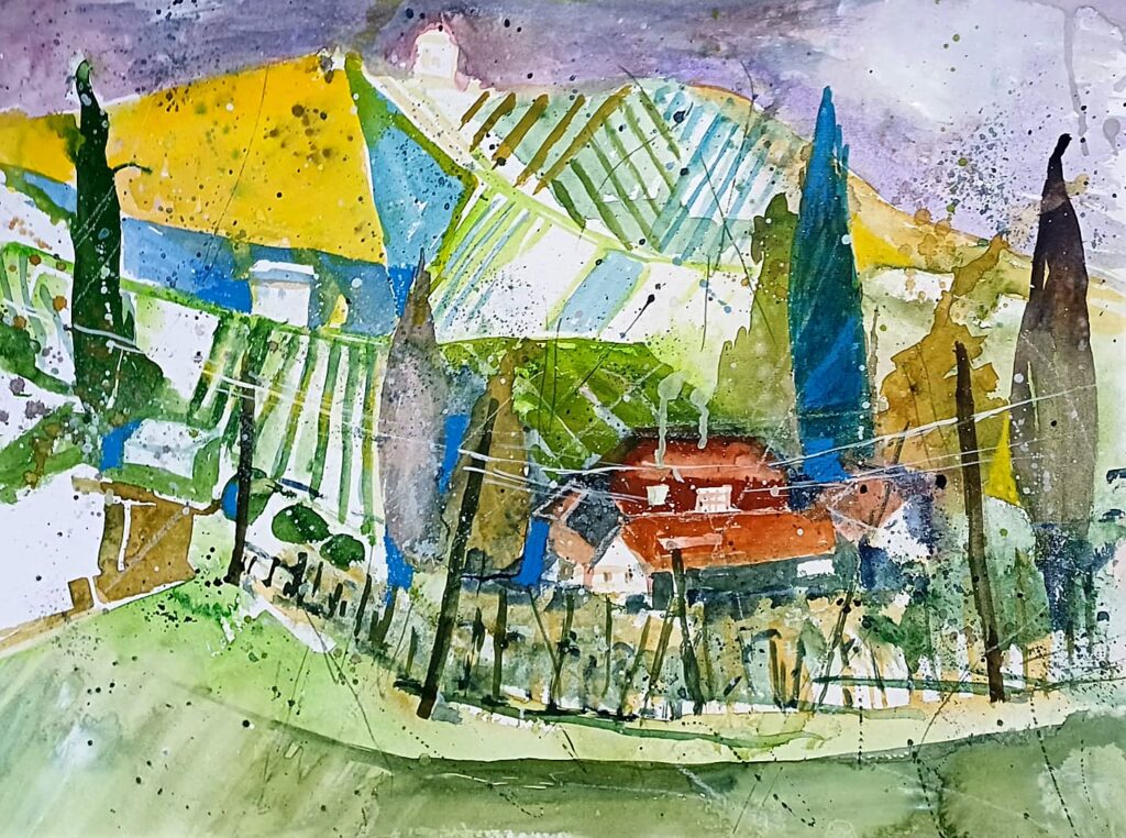 Landschaft mit Zypressen – Aquarell von Brigitte Tekautz