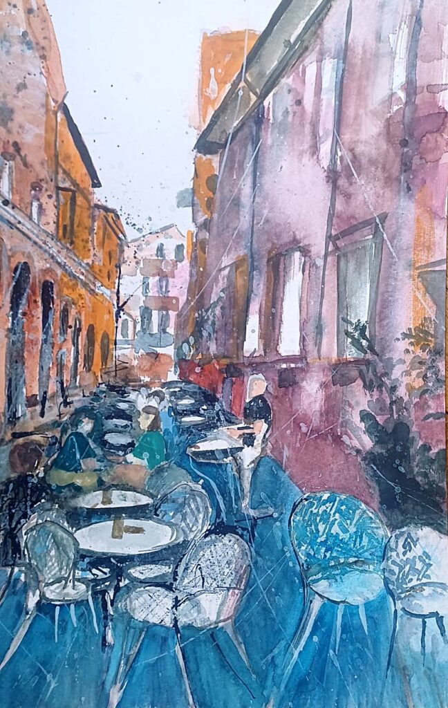 Straßencafé – Aquarell von Brigitte Tekautz